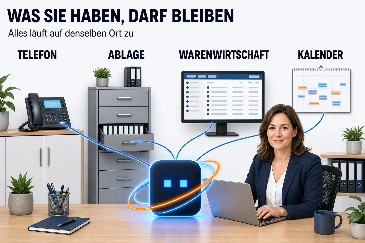 Überschrift „WAS SIE HABEN, DARF BLEIBEN“, darunter „Alles läuft auf denselben Ort zu“. Ein Büro, in dem die vorhandenen Systeme als echte Gegenstände an ihren Plätzen stehen: eine Telefonanlage auf einem Sideboard (TELEFON), ein Aktenschrank voller Ordner (ABLAGE), ein Monitor mit einer Listenoberfläche (WARENWIRTSCHAFT), ein Wandkalender mit Terminen (KALENDER). Von jedem führt eine blaue Linie zur Mitte, wo auf dem Schreibtisch das AMIGOSU-Zeichen steht und leuchtet. Daneben arbeitet eine Sachbearbeiterin frontal weiter; nichts ist abgebaut oder durchgestrichen.