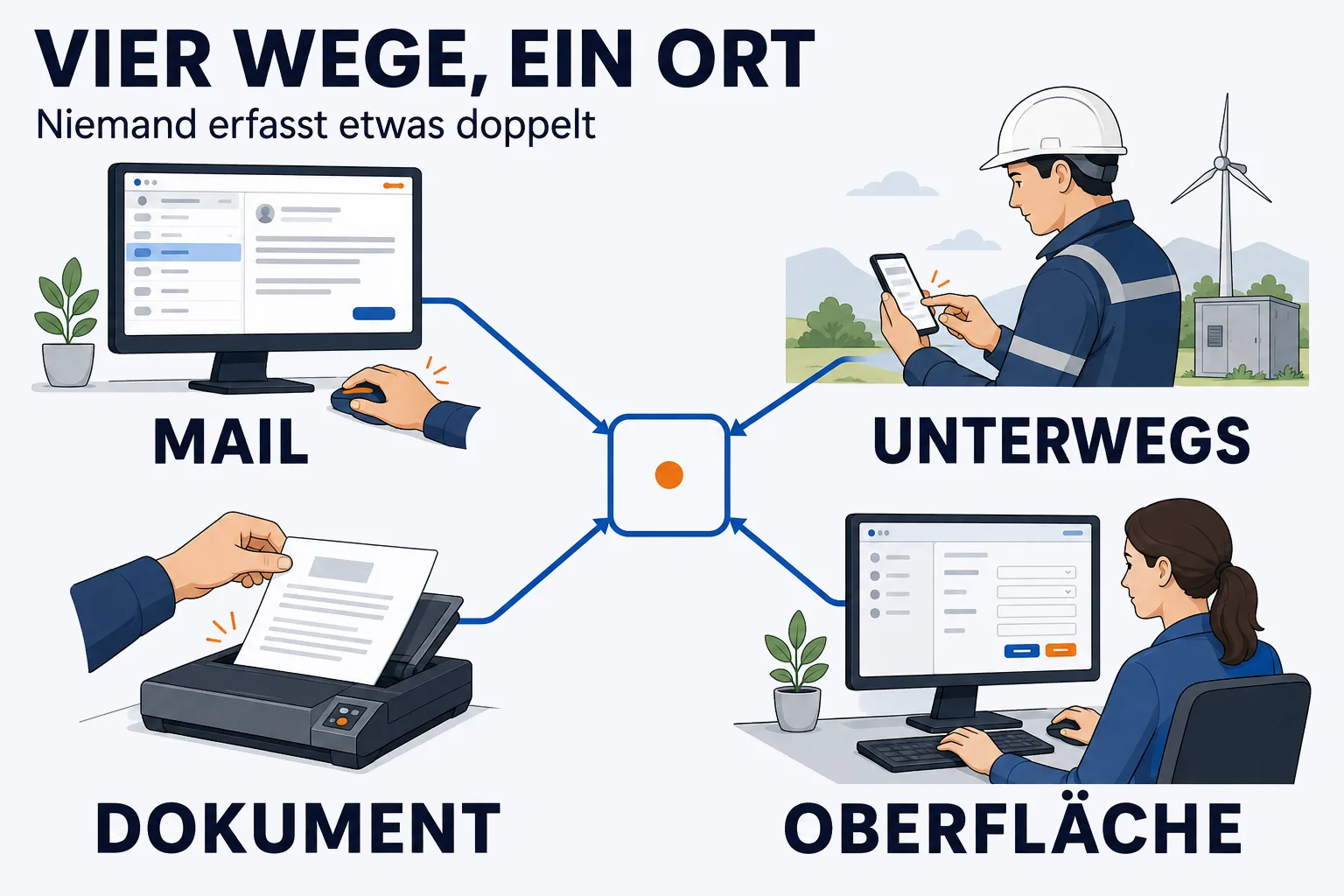 Überschrift „VIER WEGE, EIN ORT“, darunter „Niemand erfasst etwas doppelt“. In der Mitte ein abgerundetes Quadrat mit orangem Punkt, der Kern. Von vier Seiten führen blaue Linien darauf zu, an jedem Anfang eine Situation: MAIL — eine Hand an der Maus vor einem geöffneten Postfach. DOKUMENT — eine Hand legt ein Blatt in einen Scanner. UNTERWEGS — ein Monteur mit Helm tippt draußen in sein Smartphone. OBERFLÄCHE — eine Frau trägt am Monitor etwas in eine Eingabemaske ein.