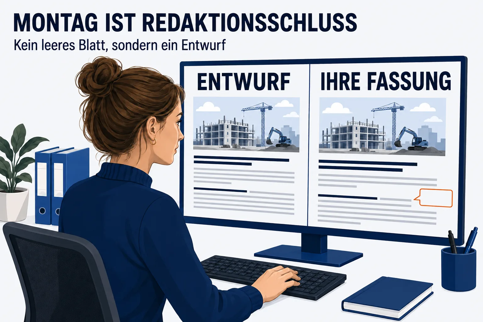Eine Szene unter der Überschrift „MONTAG IST REDAKTIONSSCHLUSS“ mit der Unterzeile „Kein leeres Blatt — ein Entwurf, den sie zu ihrem macht“. Eine junge Frau sitzt an einem breiten Monitor, auf dem zwei Fassungen desselben Beitrags nebeneinander stehen: links der vorbereitete ENTWURF mit einem erkennbaren Baustellenfoto und mehreren Textzeilen, rechts IHRE FASSUNG, in der einige Zeilen anders gesetzt sind. Ihre Hand liegt an der Tastatur, ihr Blick auf der rechten Seite. Am Rand der rechten Fassung ein orange umrandeter kleiner Hinweis an einer einzelnen Stelle, die vor dem Versand noch anzusehen ist.