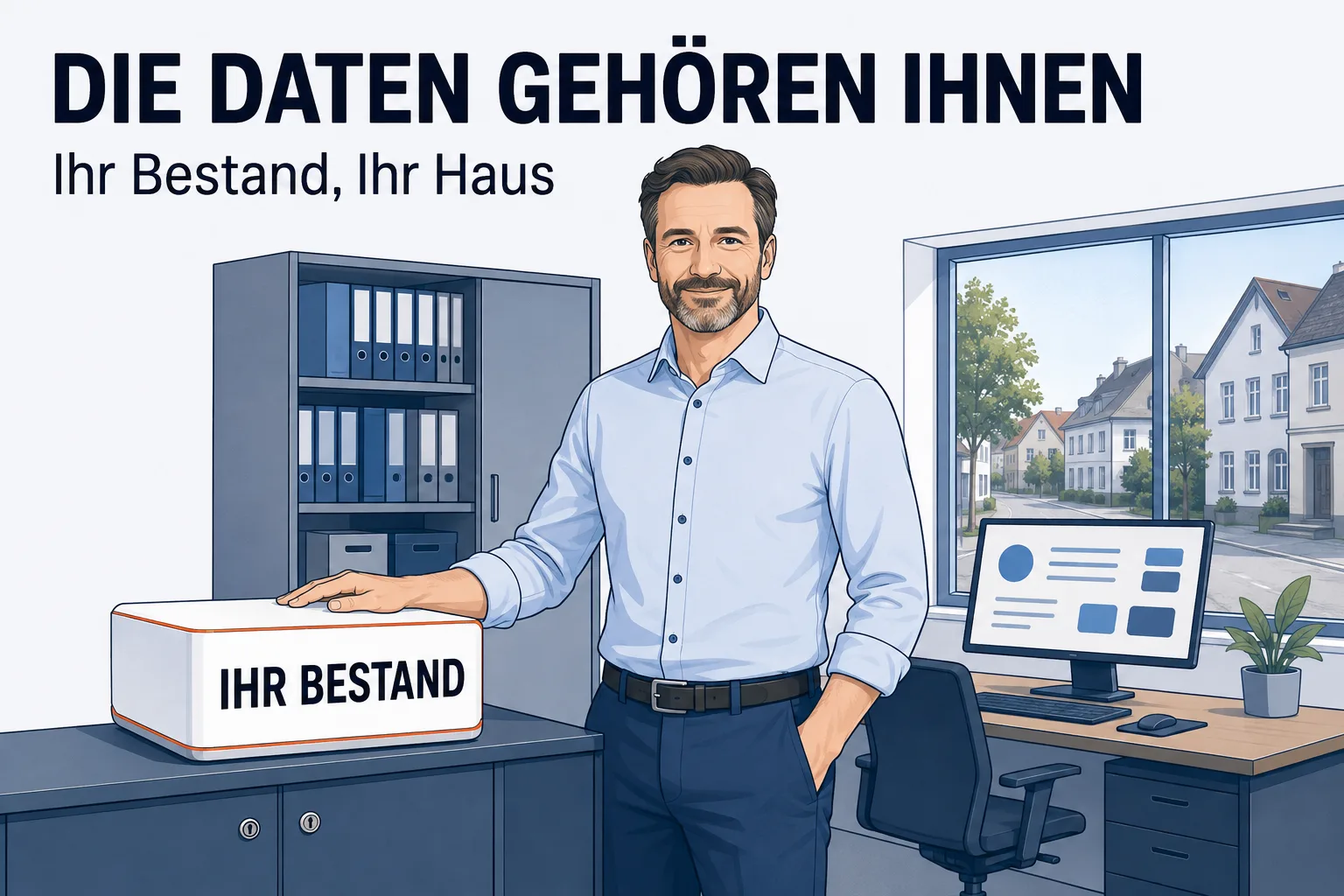 Überschrift „DIE DATEN GEHÖREN IHNEN“, darunter „Ihr Bestand, Ihr Haus“. Ein Unternehmer im Hemd steht in seinem eigenen Betrieb und legt die Hand ruhig auf ein geschlossenes Gerät von der Größe eines Aktenkoffers, das auf einem Sideboard steht und orange umrandet mit IHR BESTAND beschriftet ist. Hinter ihm ein Aktenschrank und ein Arbeitsplatz, durchs Fenster eine ruhige Straße mit Häusern.